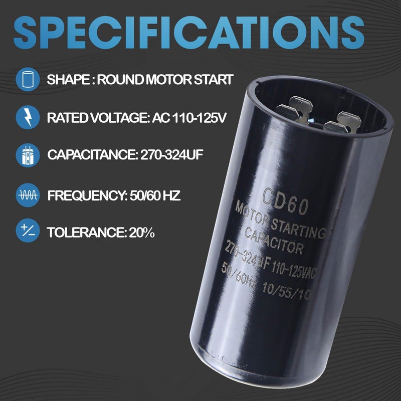 Seentech 270-324 uf/MFD 110-125 VAC ±20% CD60 Round Motor Start Capacitor 50/60 Hz AC Electric Motor Universal Fit for AC Motor Run or Fan Start and Cool or Heat Pump Air Conditioner - Image 5